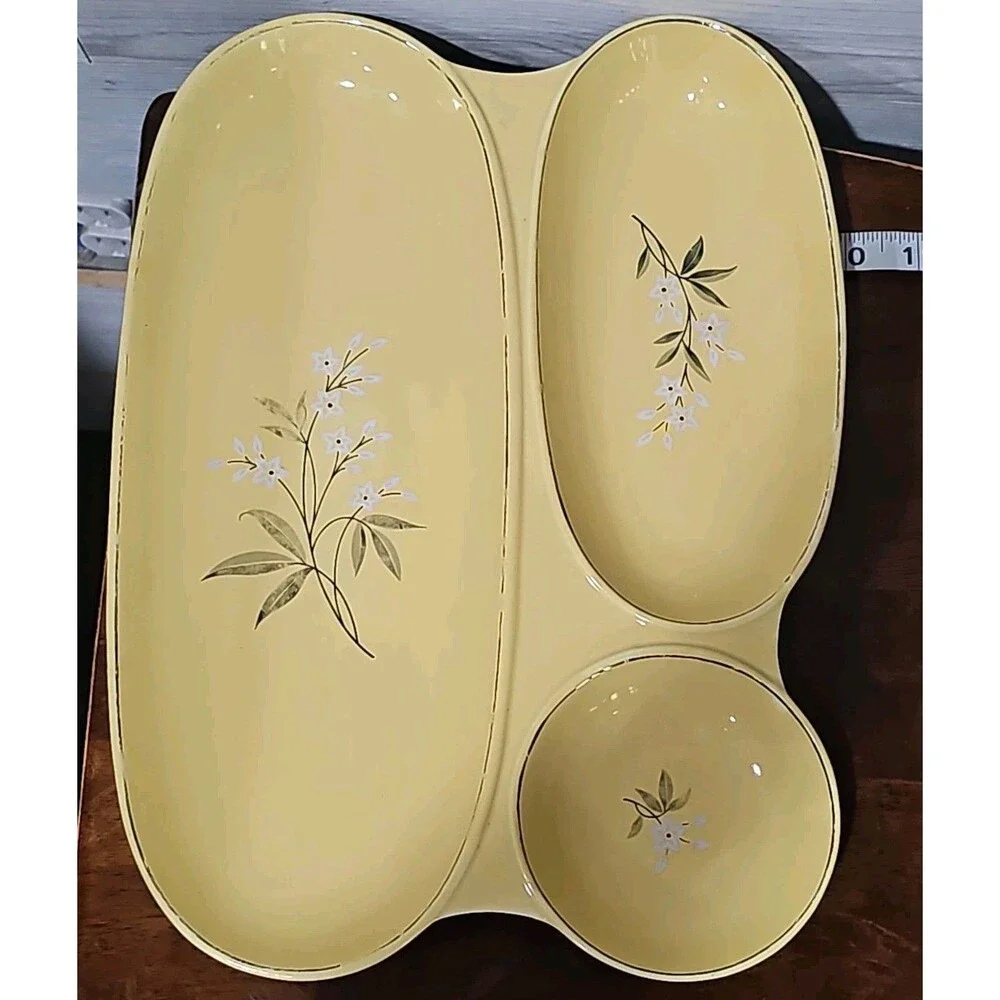 Vintage MCM Yellow 3-Section Divided Relish Dish Serving Tray White Floral Gold